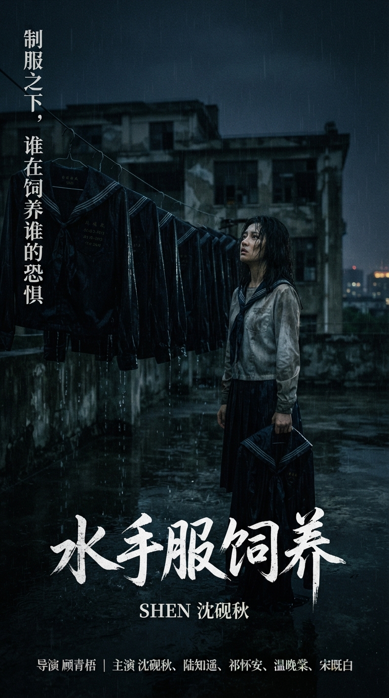 《水手服饲养》主海报：悬挂在旧校舍天台的湿水手服