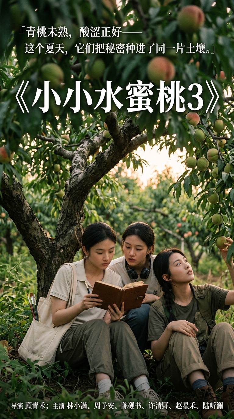 《小小水蜜桃3》剧照：三姐妹并排坐在老桃树下的背影